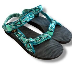 Teva Teal and Black Geometric Aztec Tribal Velcro Strap Sandals Women's Size 8